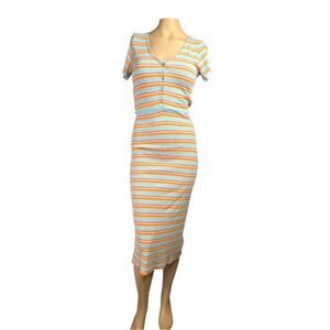 Roxy Striped Ribbed Midi Dress XS Blue Orange